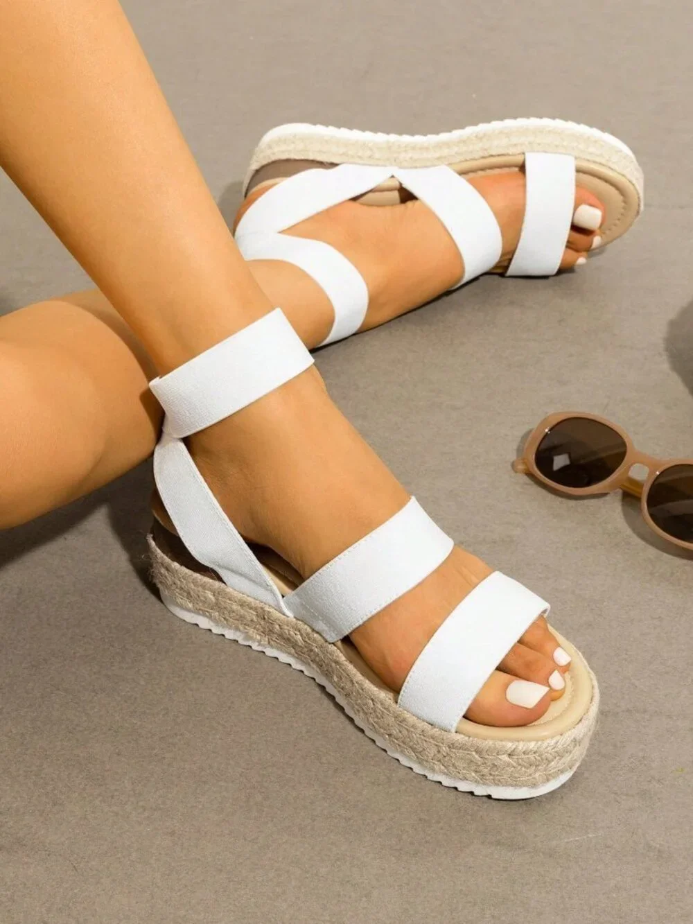White Vacation Women's Wedges Open Toe Ankle Strap Espadrilles Platform Sandals